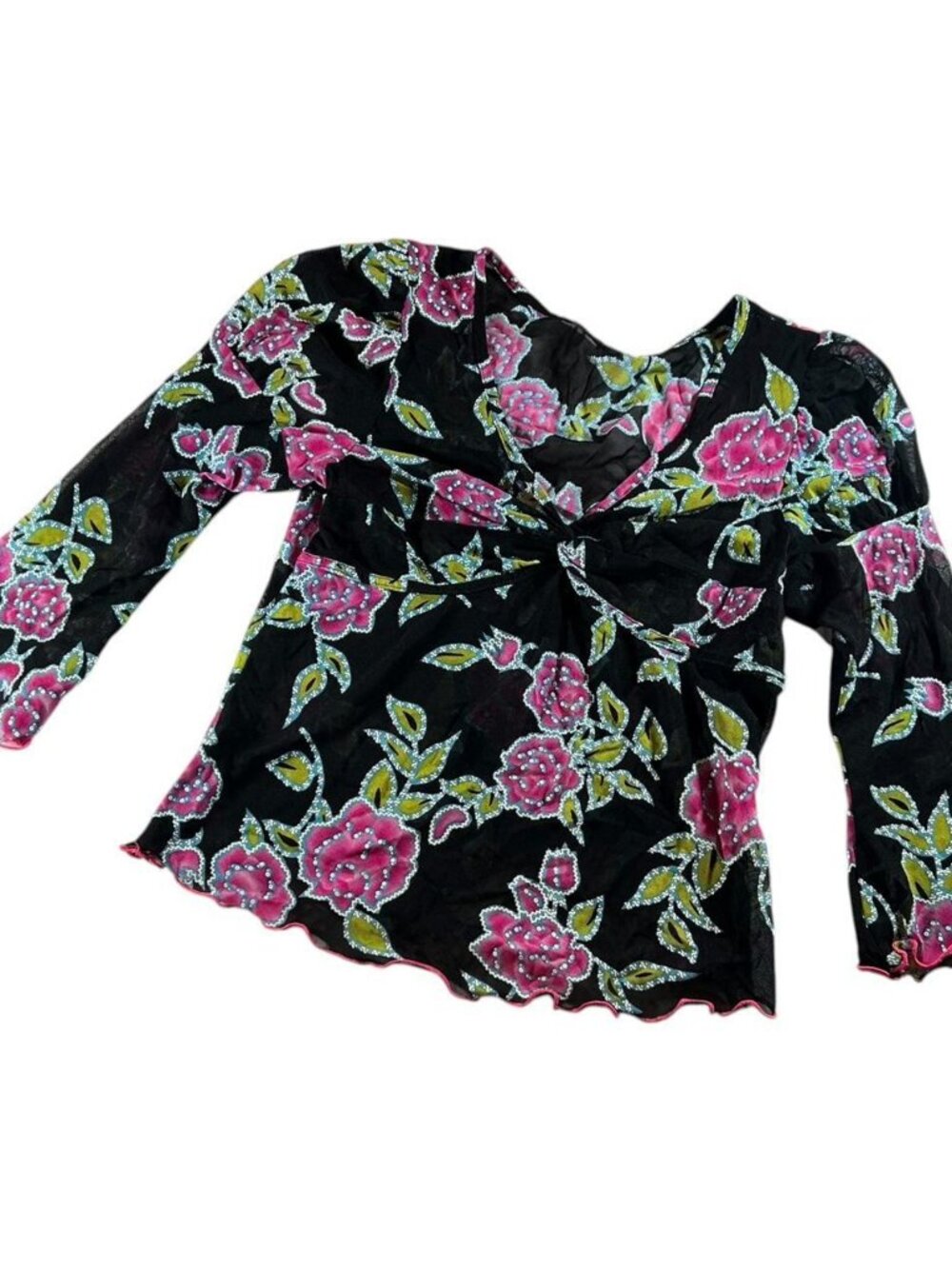 Handmade Fairycore Sheer Black Floral Mesh Top